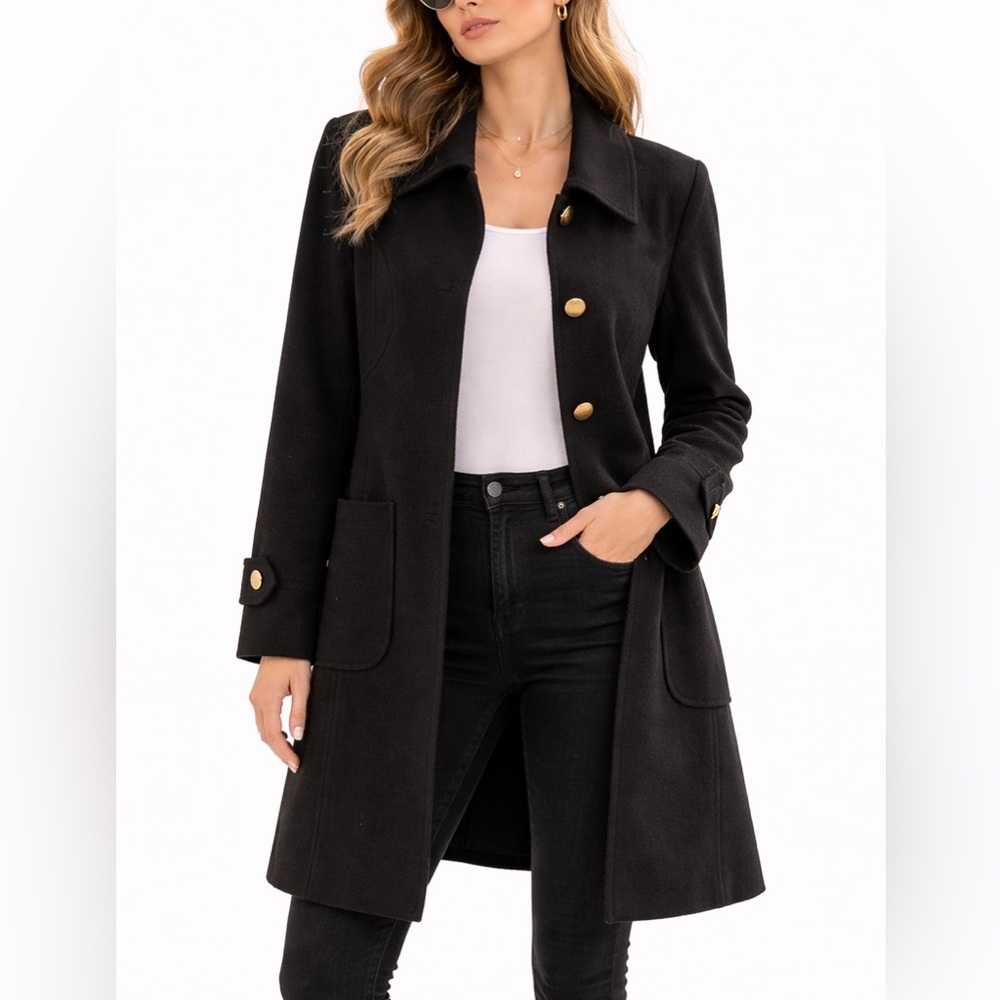 Sophisticated Black Trench Coat with Gold Accents
